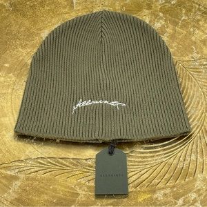 ALL SAINTS NWT EMBROIDERED SCRIPT LOGO BEANIE DUSTY OLIVE GREEN WOMEN’S
